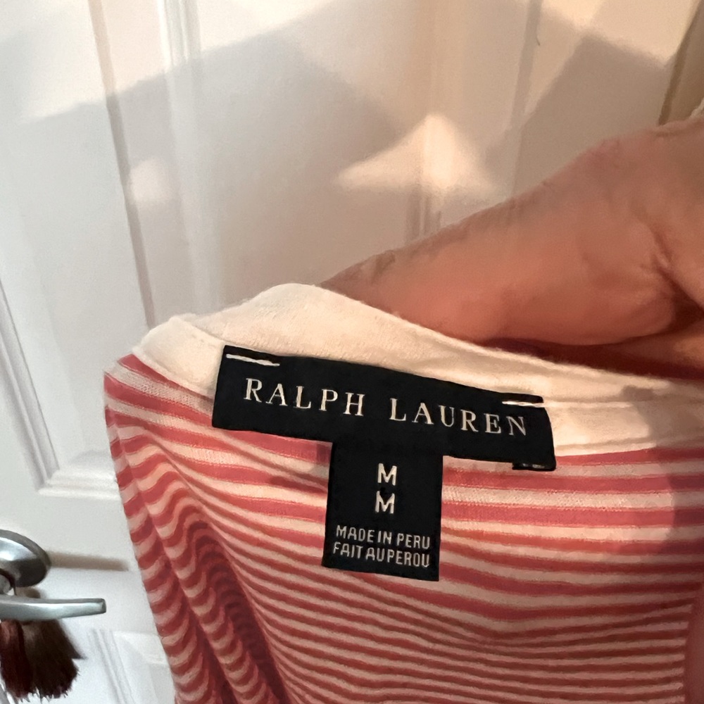 Ladies Ralph Lauren short sleeved pink white striped T-shirt Size M. EUC